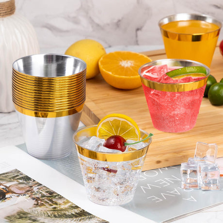 25 Pcs Plastic Party Cups 9oz Clear Crystal with Gold Rim - YauSpark