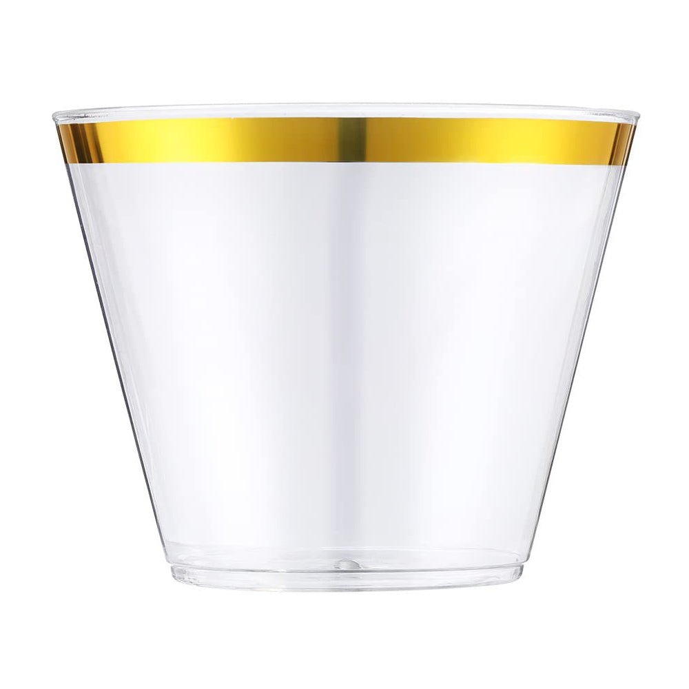 25 Pcs Plastic Party Cups 9oz Clear Crystal with Gold Rim - YauSpark