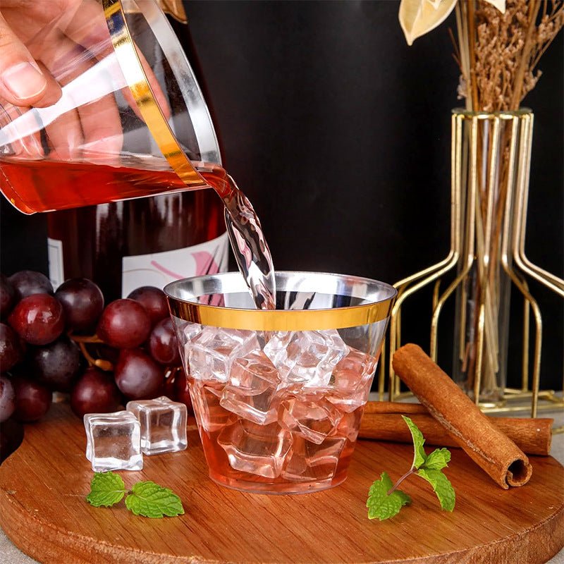 25 Pcs Plastic Party Cups 9oz Clear Crystal with Gold Rim - YauSpark