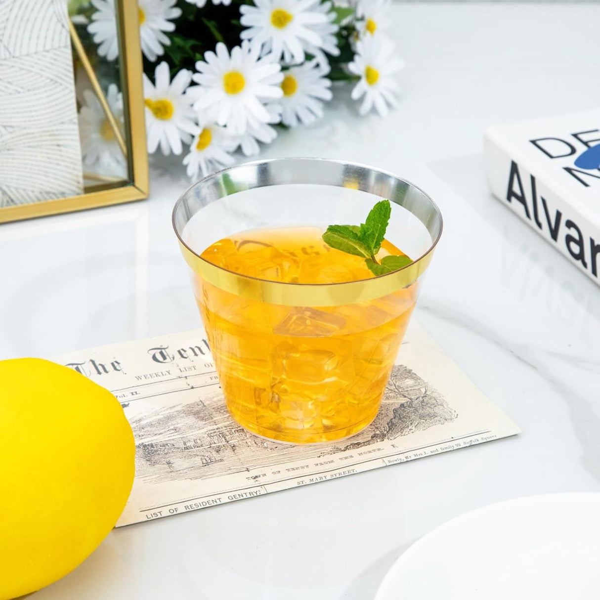 25 Pcs Plastic Party Cups 9oz Clear Crystal with Gold Rim - YauSpark