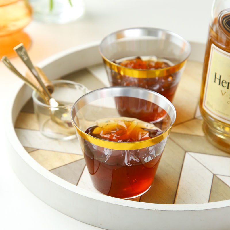 25 Pcs Plastic Party Cups 9oz Clear Crystal with Gold Rim - YauSpark