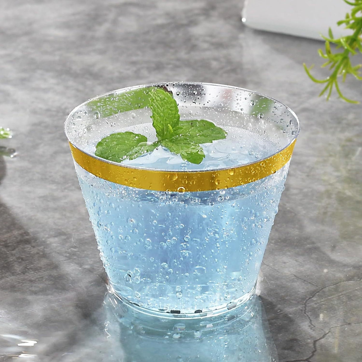 25 Pcs Plastic Party Cups 9oz Clear Crystal with Gold Rim - YauSpark