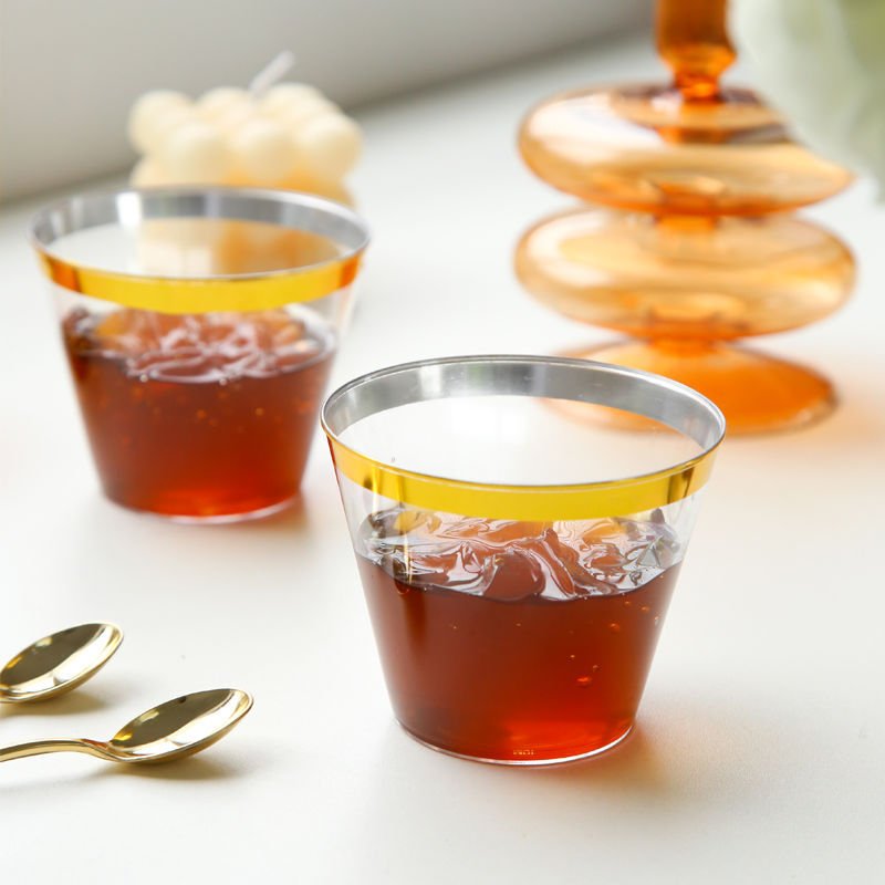 25 Pcs Plastic Party Cups 9oz Clear Crystal with Gold Rim - YauSpark