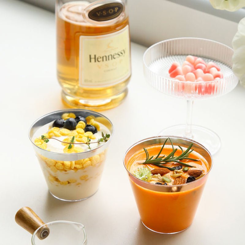 25 Pcs Plastic Party Cups 9oz Clear Crystal with Rose Gold Rim - YauSpark