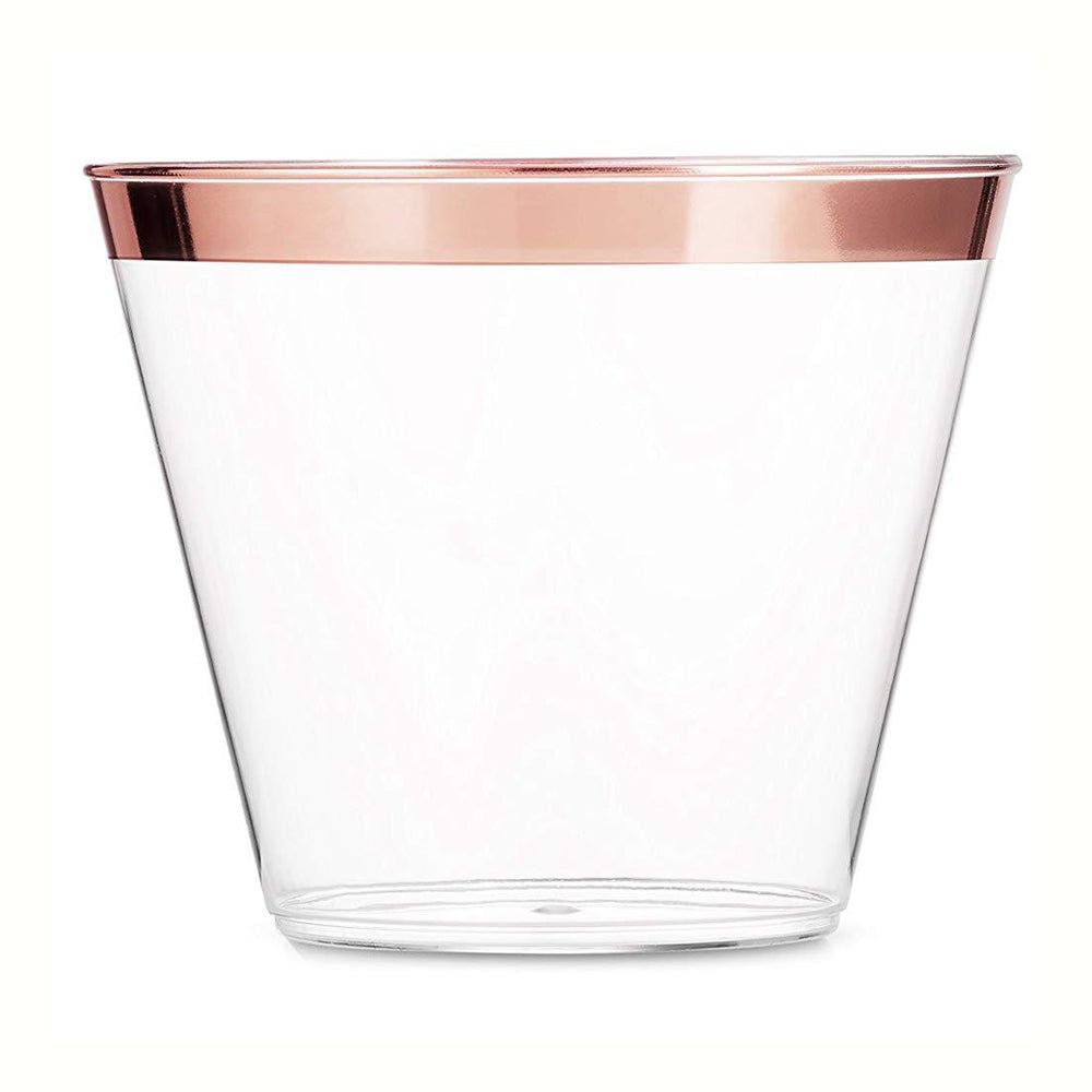 25 Pcs Plastic Party Cups 9oz Clear Crystal with Rose Gold Rim - YauSpark