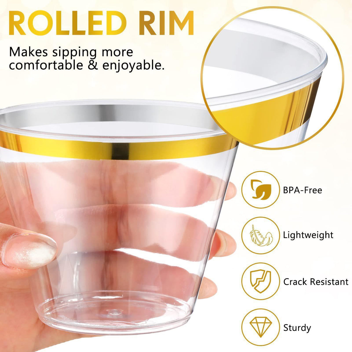 25 Pcs Plastic Party Cups 9oz Clear Crystal with Rose Gold Rim - YauSpark