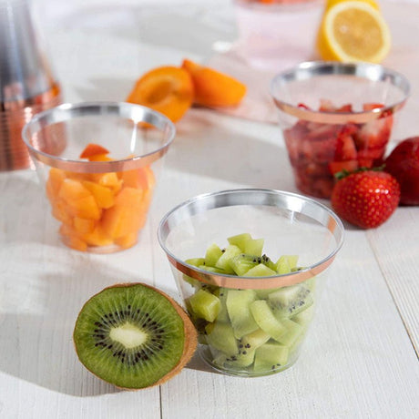 25 Pcs Plastic Party Cups 9oz Clear Crystal with Rose Gold Rim - YauSpark