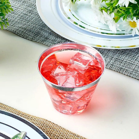 25 Pcs Plastic Party Cups 9oz Clear Crystal with Silver Rim - YauSpark