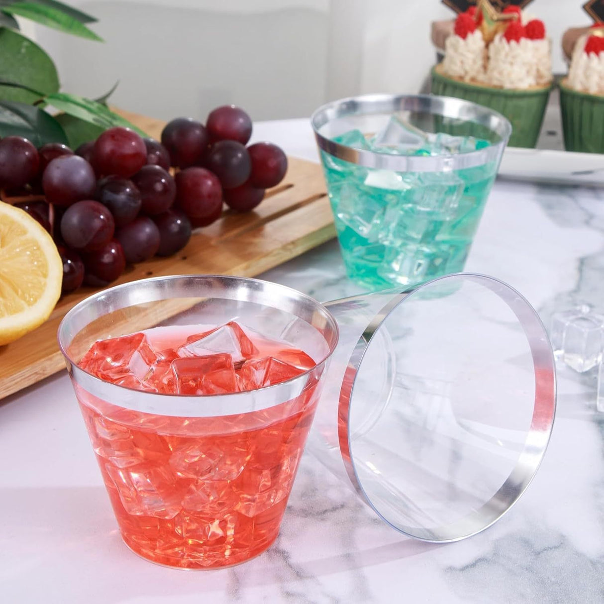 25 Pcs Plastic Party Cups 9oz Clear Crystal with Silver Rim - YauSpark