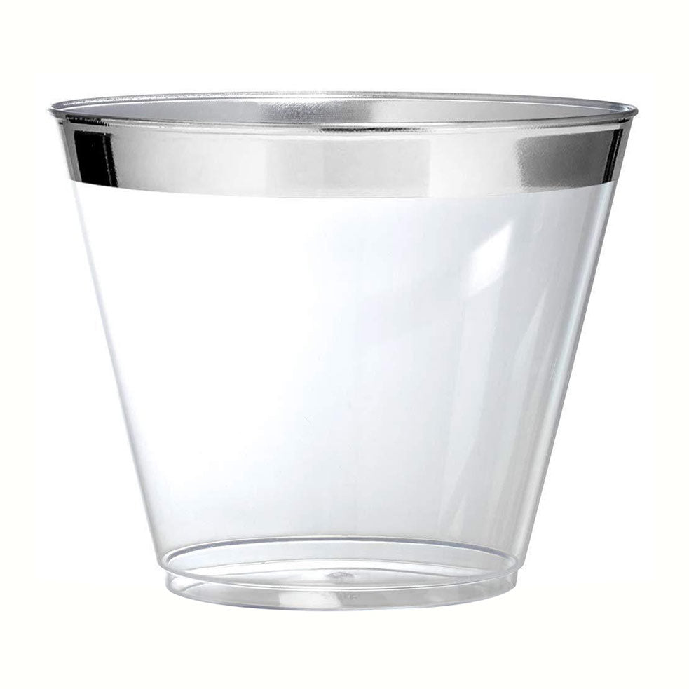 25 Pcs Plastic Party Cups 9oz Clear Crystal with Silver Rim - YauSpark