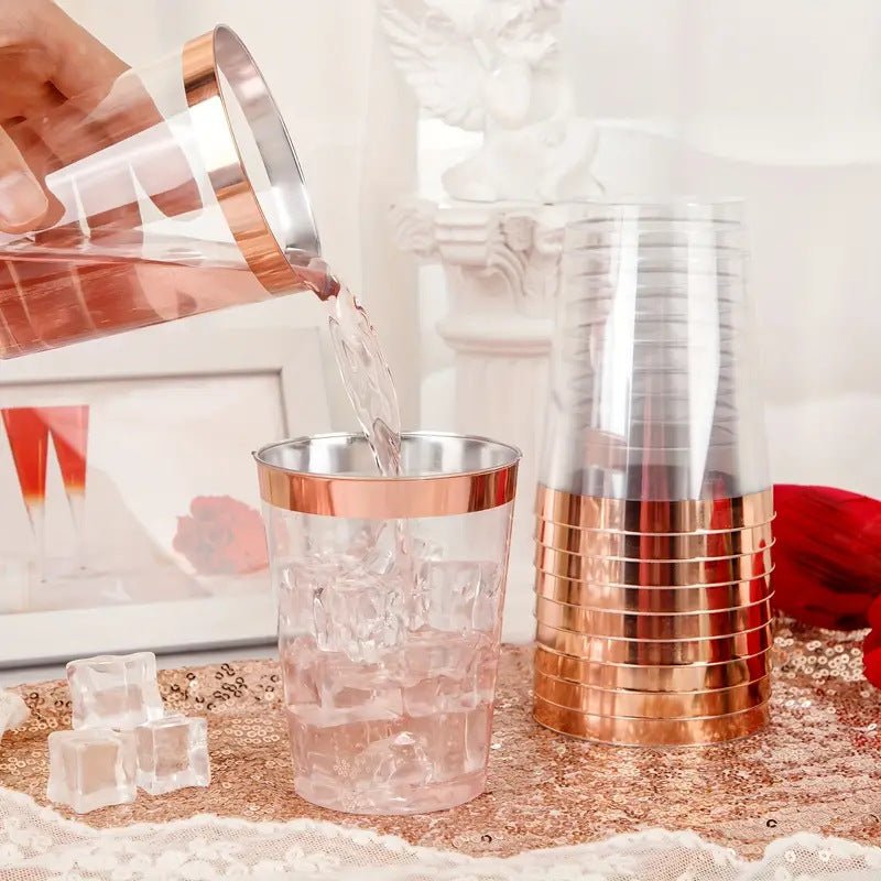 25 Pcs Plastic Tumbler Cups 10oz Clear with Rose Gold Rim - YauSpark