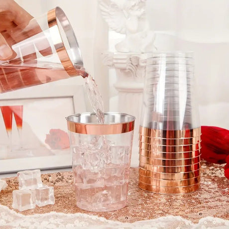25 Pcs Plastic Tumbler Cups 10oz Clear with Rose Gold Rim - YauSpark