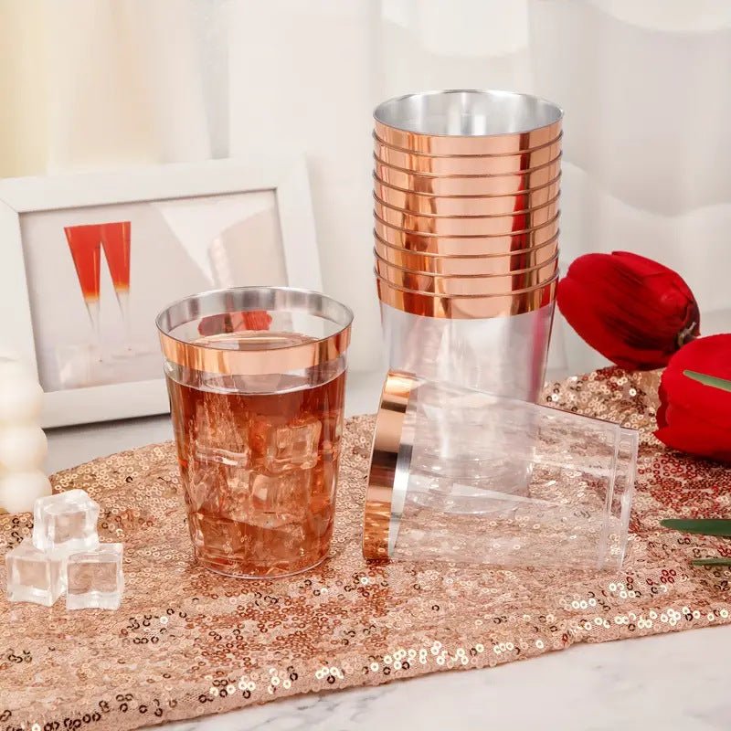 25 Pcs Plastic Tumbler Cups 10oz Clear with Rose Gold Rim - YauSpark