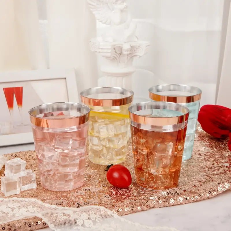 25 Pcs Plastic Tumbler Cups 10oz Clear with Rose Gold Rim - YauSpark