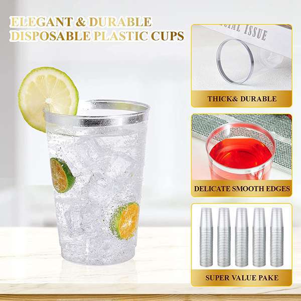25 Pcs Plastic Tumbler Cups 10oz Clear with Silver Rim - YauSpark