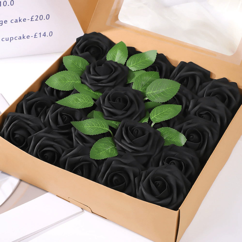 25 Rose Artificial Foam Flowers with Stems Wire and Leaves 2.8" Black - YauSpark