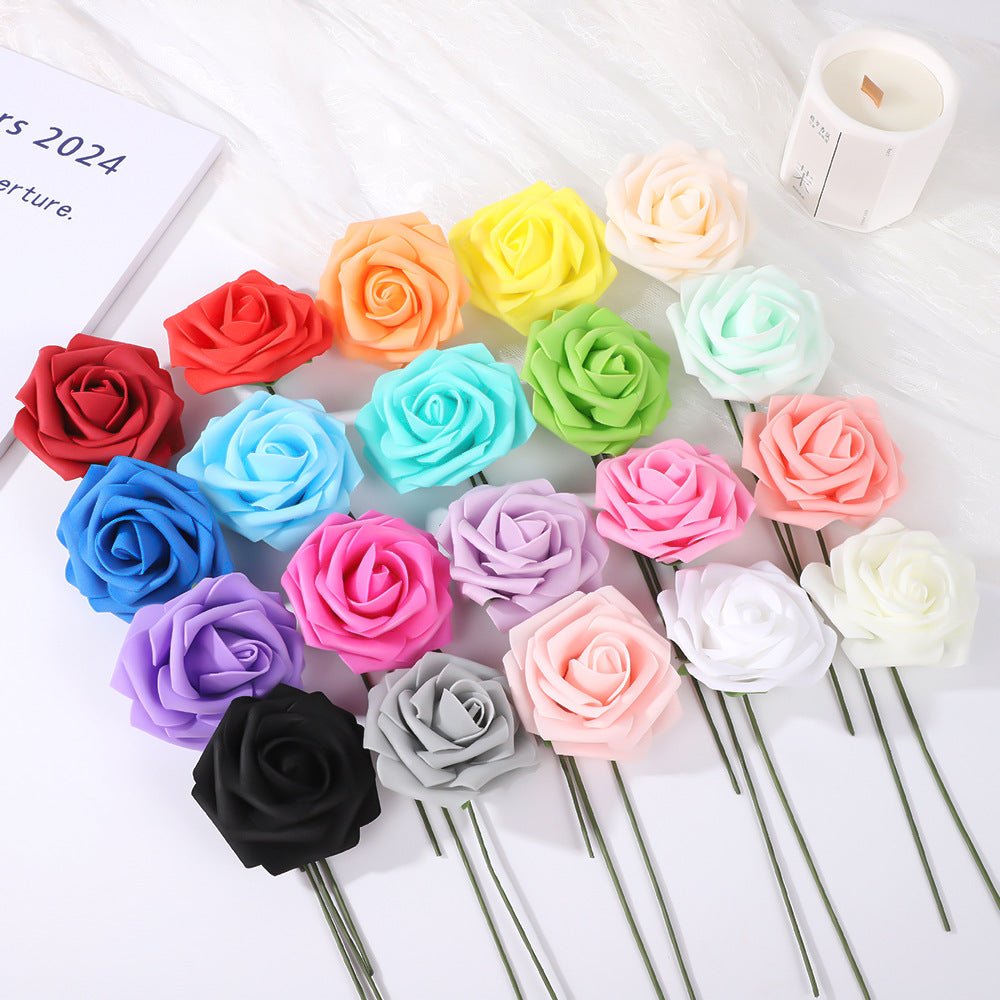 25 Rose Artificial Foam Flowers with Stems Wire and Leaves 2.8" Black - YauSpark