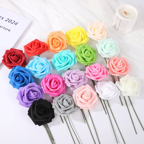 25 Rose Artificial Foam Flowers with Stems Wire and Leaves 2.8" Black - YauSpark