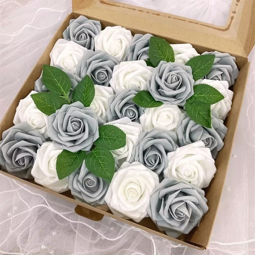 25 Rose Artificial Foam Flowers with Stems Wire and Leaves 2.8" Gray White - YauSpark