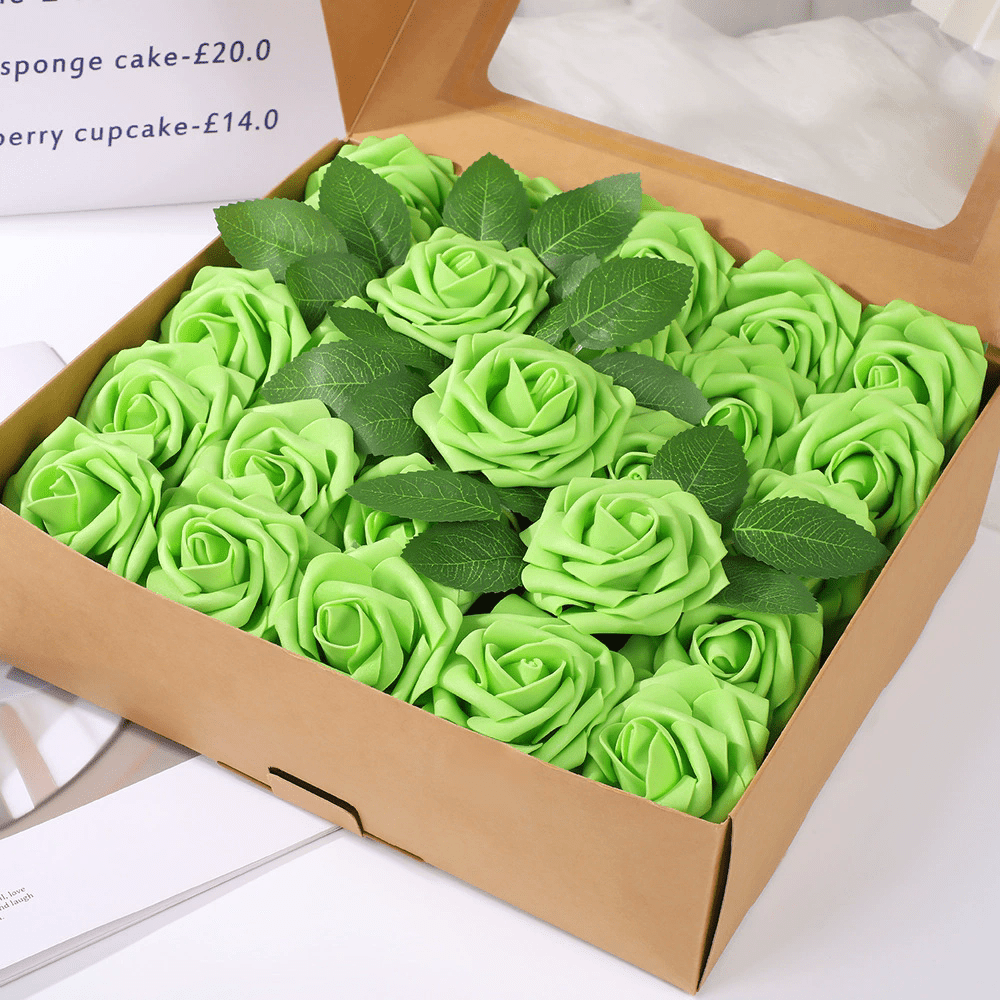 25 Rose Artificial Foam Flowers with Stems Wire and Leaves 2.8" Green - YauSpark