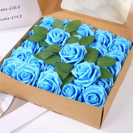 25 Rose Artificial Foam Flowers with Stems Wire and Leaves 2.8" Light Blue - YauSpark