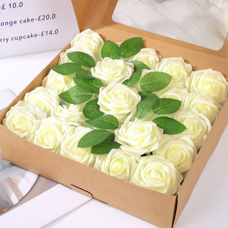 25 Rose Artificial Foam Flowers with Stems Wire and Leaves 2.8" Milky White - YauSpark