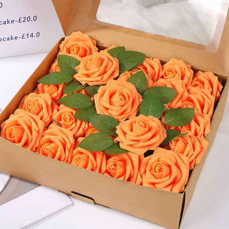 25 Rose Artificial Foam Flowers with Stems Wire and Leaves 2.8" Orange - YauSpark