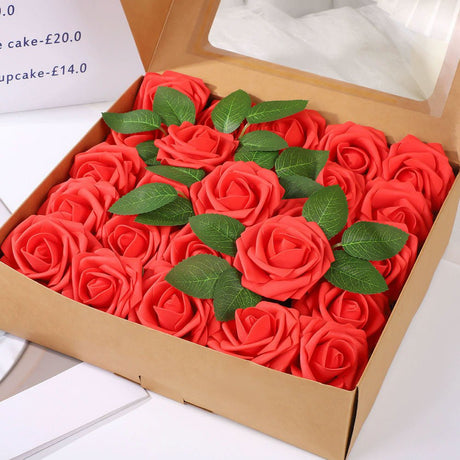 25 Rose Artificial Foam Flowers with Stems Wire and Leaves 2.8" Red - YauSpark