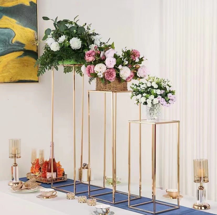 2Pc Rectangular Gold Metal Wedding Flower Stand Geometric Column Frame - YauSpark
