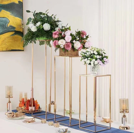 2Pc Rectangular Gold Metal Wedding Flower Stand Geometric Column Frame - YauSpark