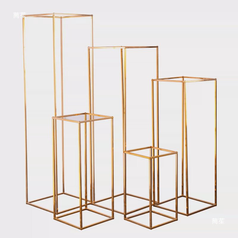 2Pc Rectangular Gold Metal Wedding Flower Stand Geometric Column Frame - YauSpark