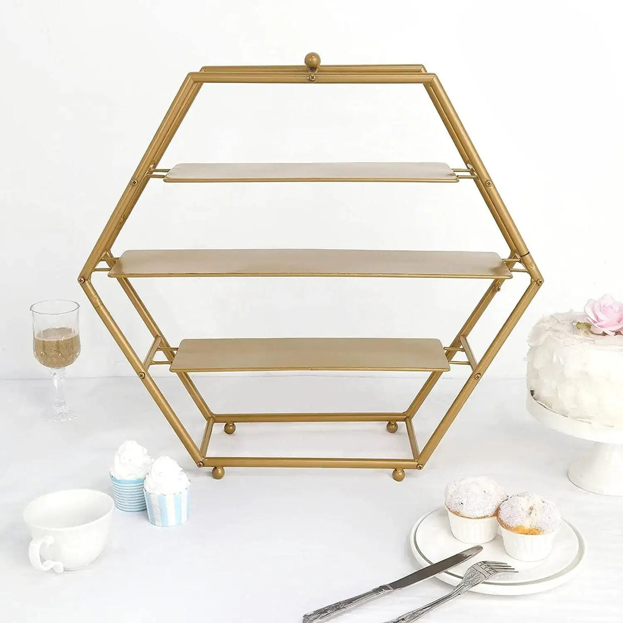 3 - Tier Metal Hexagon Cupcake Stand 21" Matte Gold - YauSpark