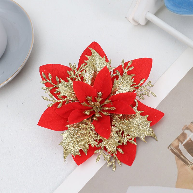 30Pcs Glitter Artificial Flower Poinsettia Decorations Christmas Tree Flower 5.5" Gold Red - YauSpark