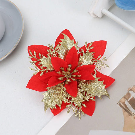30Pcs Glitter Artificial Flower Poinsettia Decorations Christmas Tree Flower 5.5" Gold Red - YauSpark