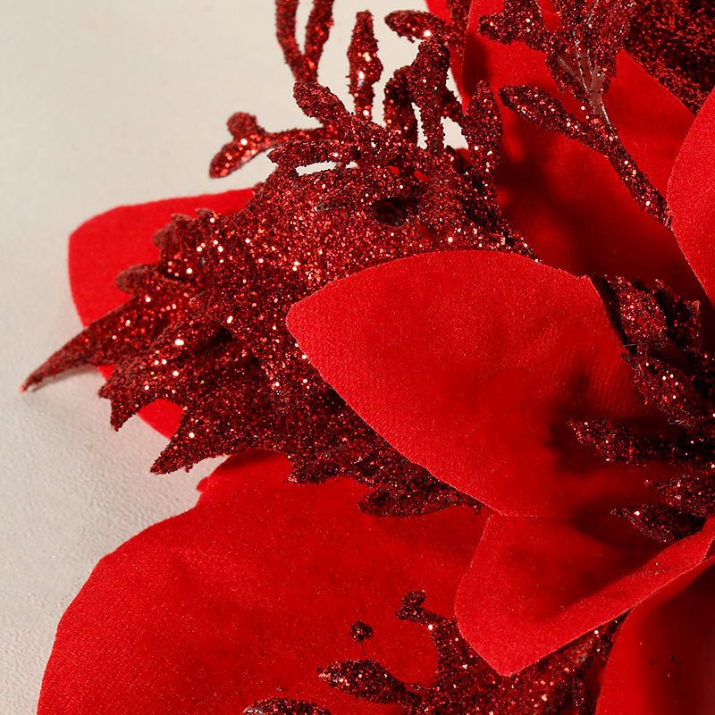 30Pcs Glitter Artificial Flower Poinsettia Decorations Christmas Tree Flower 5.5" Red - YauSpark
