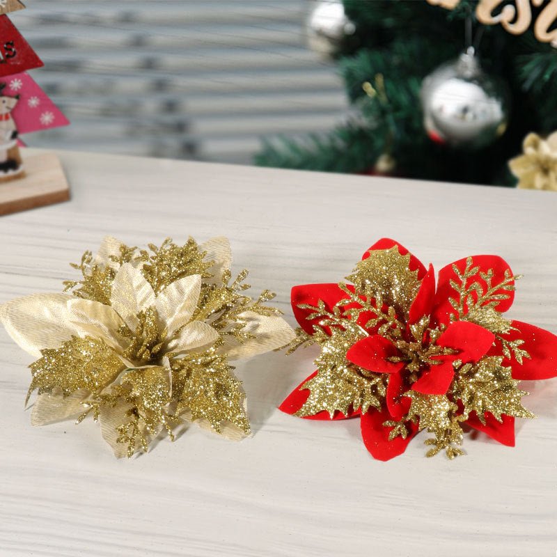 30Pcs Glitter Artificial Flower Poinsettia Decorations Christmas Tree Flower 5.5" Silver - YauSpark