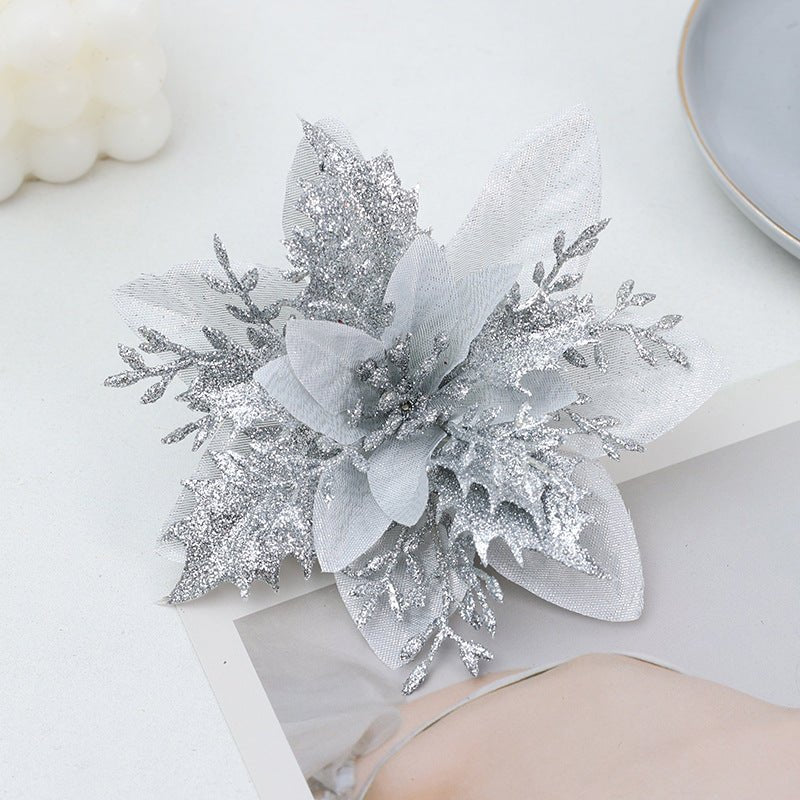 30Pcs Glitter Artificial Flower Poinsettia Decorations Christmas Tree Flower 5.5" Silver - YauSpark