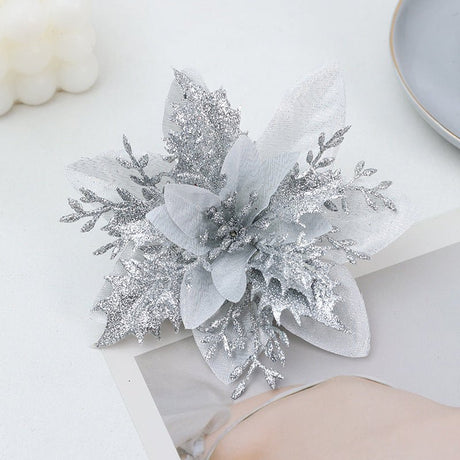 30Pcs Glitter Artificial Flower Poinsettia Decorations Christmas Tree Flower 5.5" Silver - YauSpark