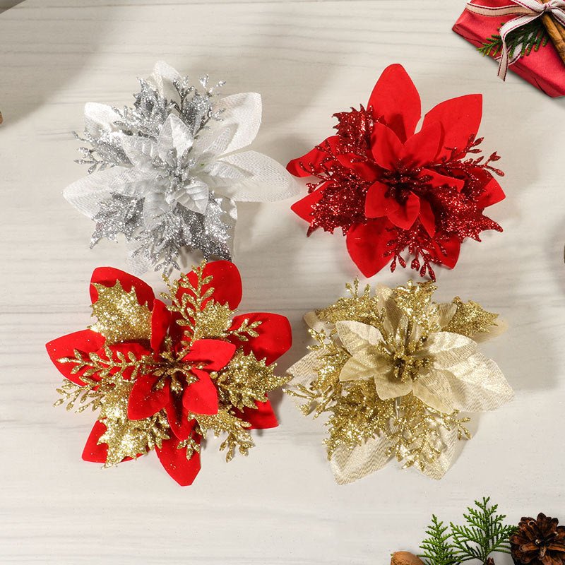 30Pcs Glitter Artificial Flower Poinsettia Decorations Christmas Tree Flower 5.5" Silver - YauSpark