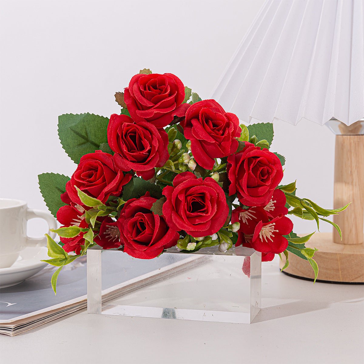 4 Bushes Artificial Rose Bridal Bouquet 12" Red - YauSpark