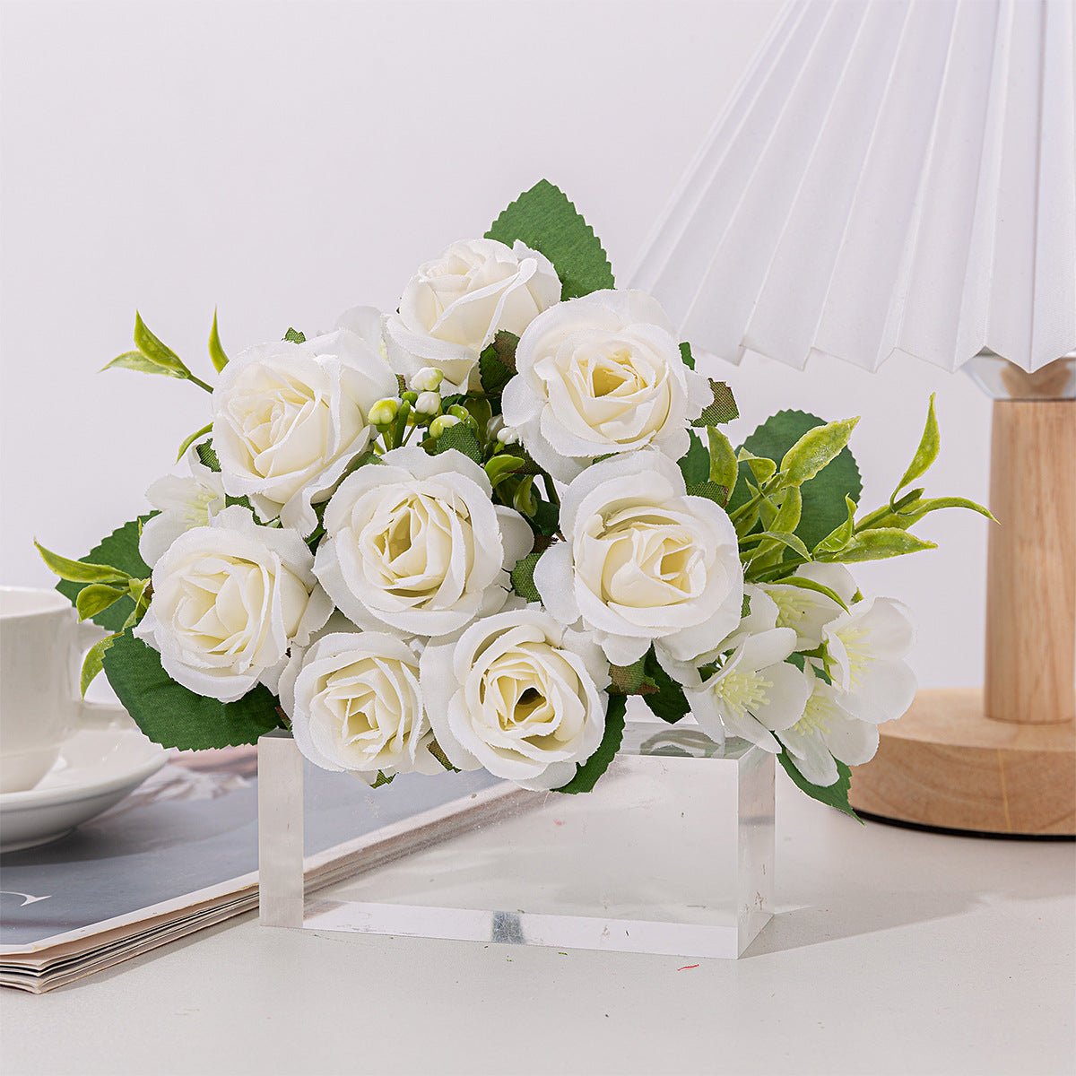 4 Bushes Artificial Rose Bridal Bouquet 12" White - YauSpark