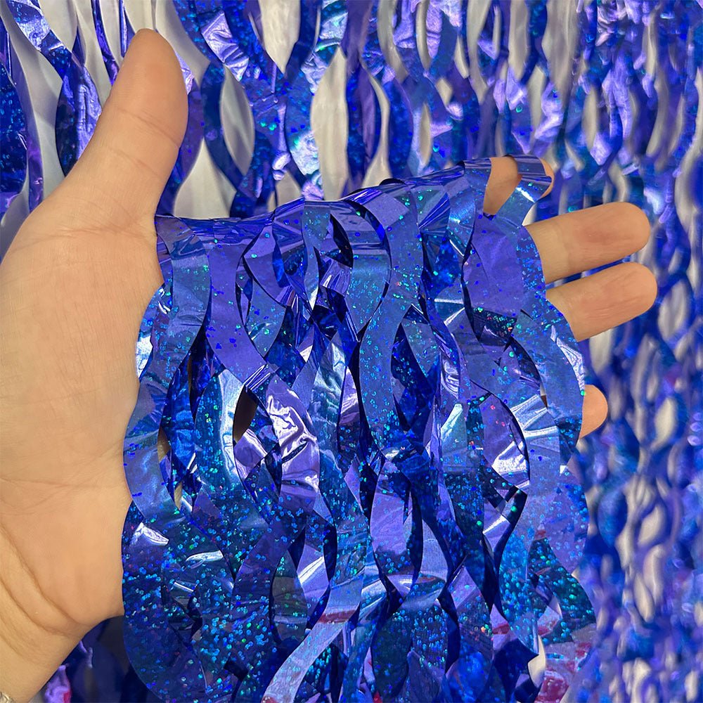 4 Pack Wavy Foil Fringe Curtain Party Backdrop 3.3x6.6 Ft Laser Blue - YauSpark