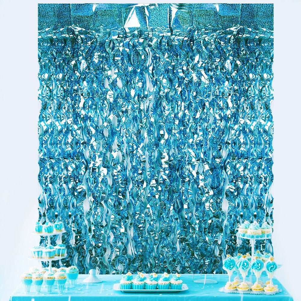 4 Pack Wavy Foil Fringe Curtain Party Backdrop 3.3x6.6 Ft Laser Light Blue - YauSpark