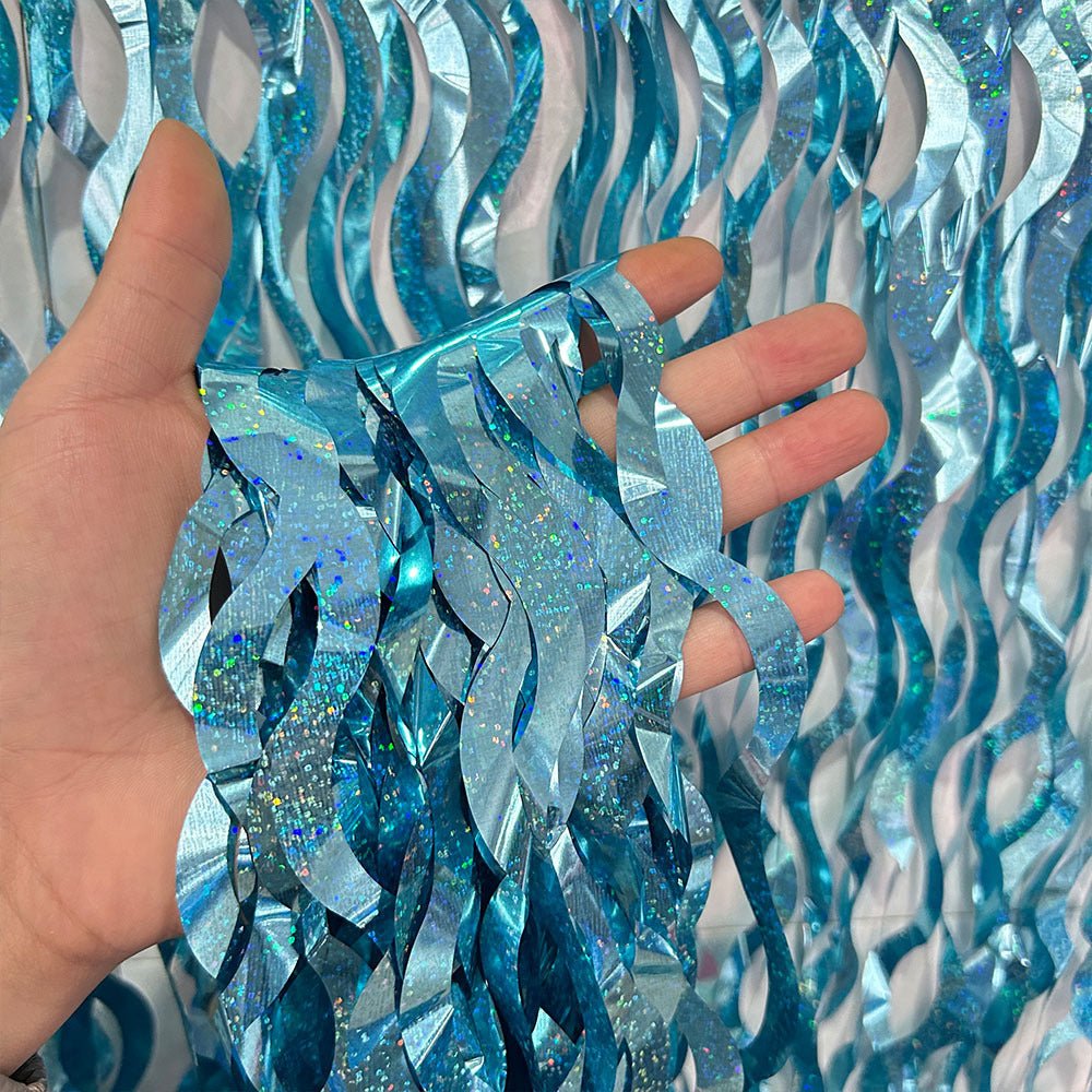 4 Pack Wavy Foil Fringe Curtain Party Backdrop 3.3x6.6 Ft Laser Light Blue - YauSpark