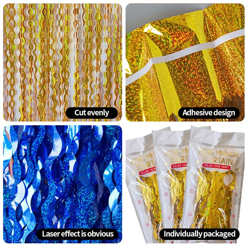 4 Pack Wavy Foil Fringe Curtain Party Backdrop 3.3x6.6 Ft Laser Light Blue - YauSpark