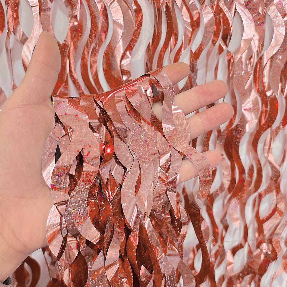 4 Pack Wavy Foil Fringe Curtain Party Backdrop 3.3x6.6 Ft Laser Rose Gold - YauSpark