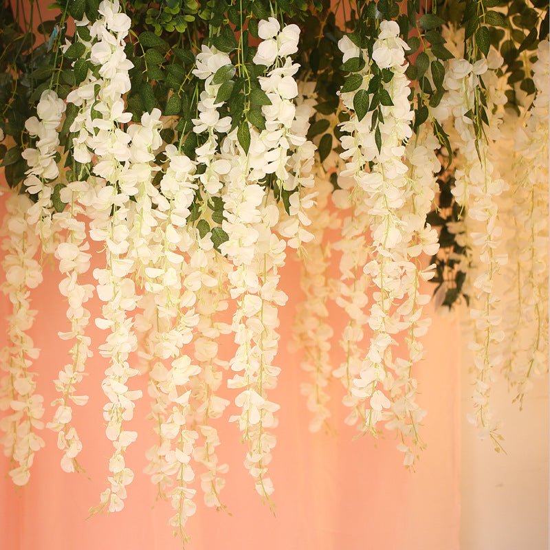 5 Pc Artificial Silk Hanging Wisteria Flower Garland Vines, 3 Strands in 1 Bush 44" Milky White - YauSpark