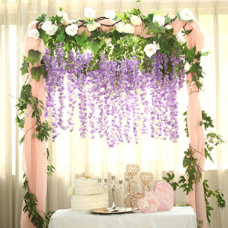 5 Pc Artificial Silk Hanging Wisteria Flower Garland Vines, 3 Strands in 1 Bush 44" Purple - YauSpark