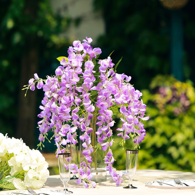 5 Pc Artificial Silk Hanging Wisteria Flower Garland Vines, 3 Strands in 1 Bush 44" Purple - YauSpark