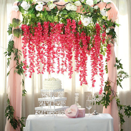 5 Pc Artificial Silk Hanging Wisteria Flower Garland Vines, 3 Strands in 1 Bush 44" Rose Red - YauSpark